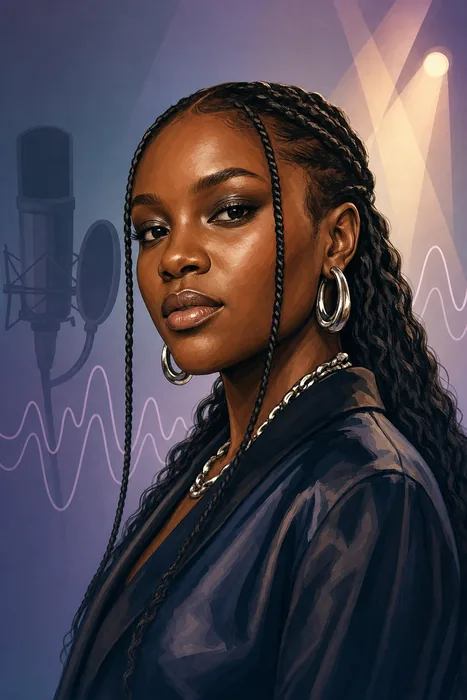 Illustrated head-and-shoulders portrait of Amaarae with subtle music-themed background cues.