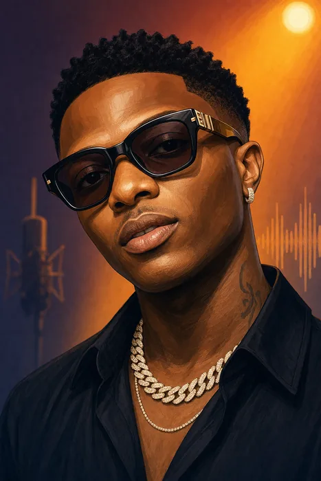 Illustrated head-and-shoulders portrait of Wizkid with subtle music-themed background accents.