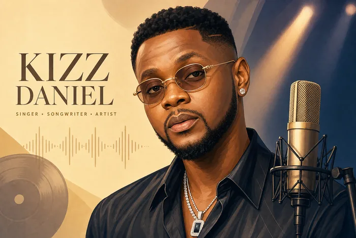 Illustrated head-and-shoulders portrait of Kizz Daniel with subtle music-themed background cues.