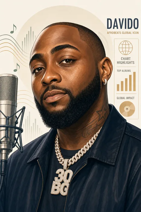 Illustrated head-and-shoulders portrait of Davido with music-themed background cues.