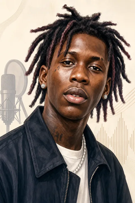 Illustrated head-and-shoulders editorial caricature of Seyi Vibez with subtle music-themed background cues.