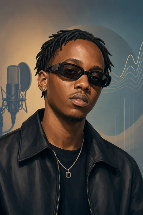 Illustrated head-and-shoulders portrait of Victony with subtle music-themed background cues.