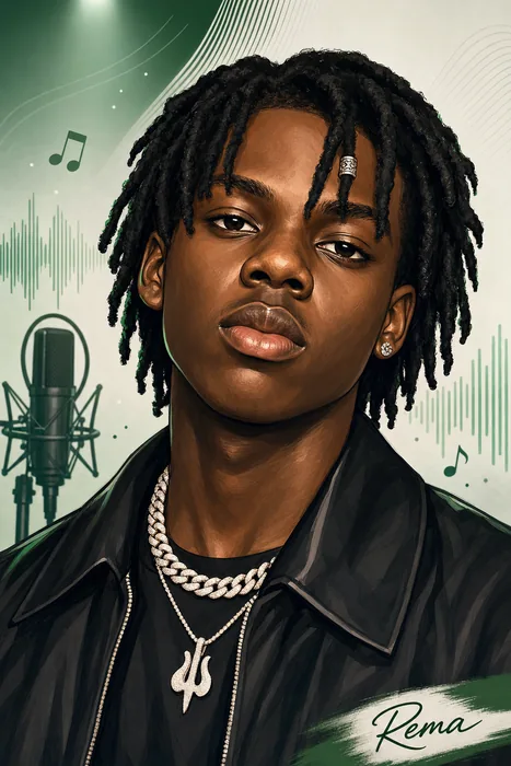 Illustrated head-and-shoulders caricature of Rema with music-themed background elements.