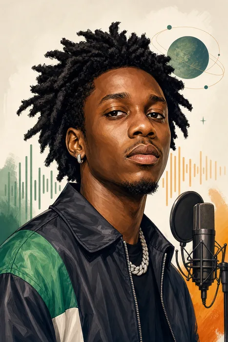 Illustrated head-and-shoulders caricature of Shallipopi with music-themed visual cues on a simple background.