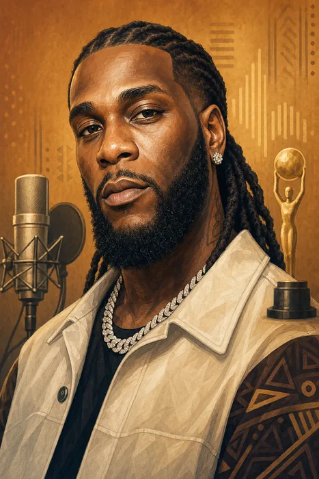 Illustrated head-and-shoulders caricature of Burna Boy with music-themed background cues.