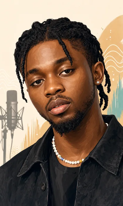 Illustrated head-and-shoulders portrait of Omah Lay with subtle music-themed background elements.