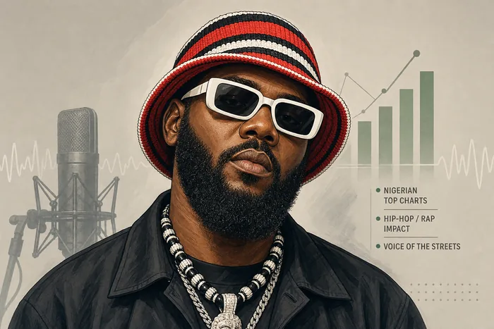 Illustrated head-and-shoulders portrait of ODUMODUBLVCK with subtle music-themed background cues.