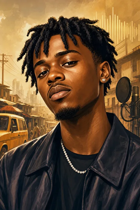 Illustrated head-and-shoulders portrait of Ayo Maff with understated music and Lagos-inspired background cues.