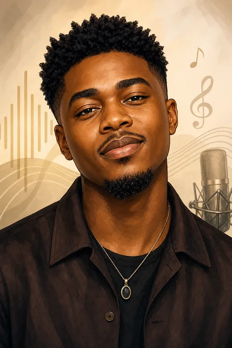 Illustrated head-and-shoulders portrait of Shoday with subtle music-themed background details.