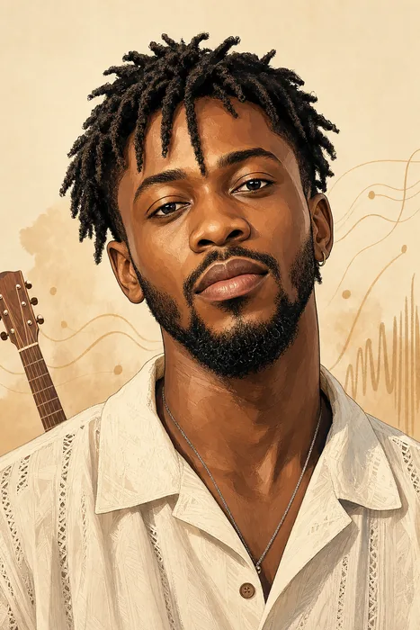 Editorial-style illustrated head-and-shoulders portrait of Nigerian singer-songwriter Taves with a subtle guitar and music-themed backdrop.