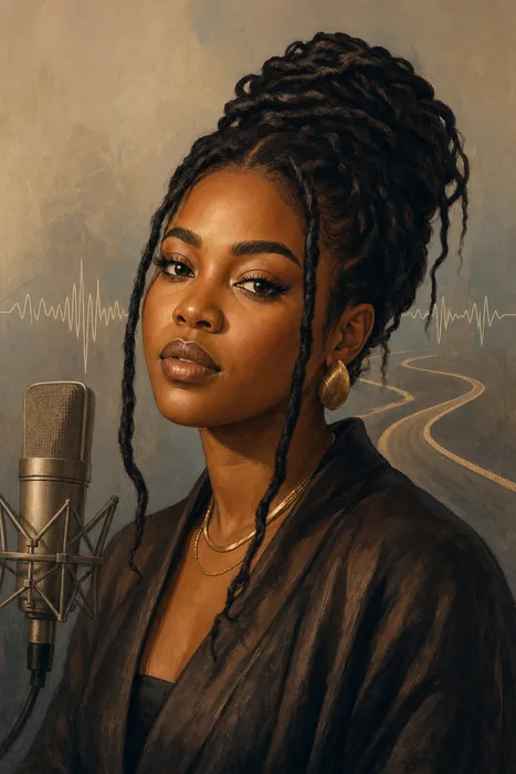 Illustrated head-and-shoulders portrait of Llona, a Nigerian Afropop singer and songwriter, with subtle music-themed background details.