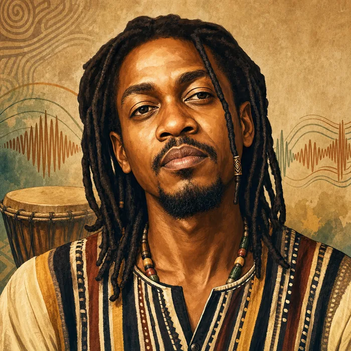 Illustrated head-and-shoulders portrait of Nigerian singer-songwriter Wizard Chan with subtle music-inspired background details.