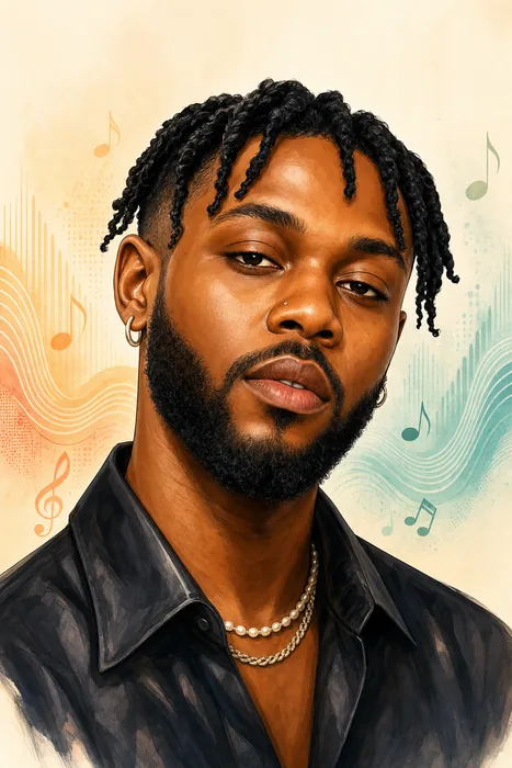 Illustrated head-and-shoulders portrait of Lojay with subtle music-themed background accents.