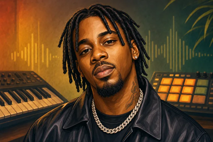 Illustrated head-and-shoulders portrait of Young Jonn with subtle music-production cues.