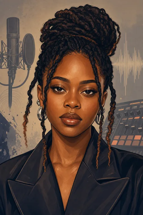 Illustrated head-and-shoulders portrait of Bloody Civilian with subtle music-production cues in the background.