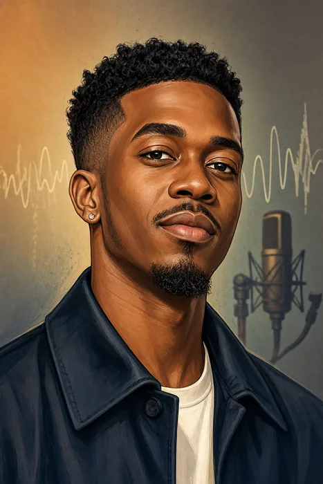 Illustrated head-and-shoulders portrait of Muyeez with subtle music-themed background details.