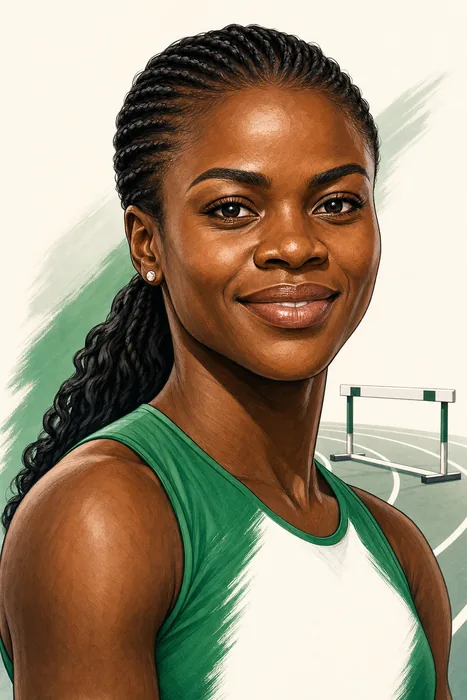 Illustrated head-and-shoulders portrait of Tobi Amusan with subtle track-and-hurdle imagery.