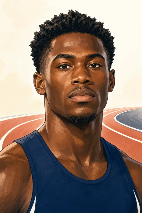 Illustrated head-and-shoulders portrait of Nigerian sprinter Kayinsola Ajayi with a subtle running-track backdrop.
