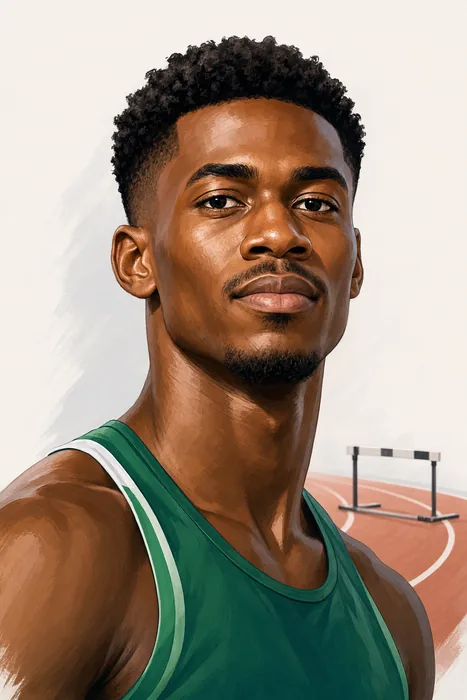 Illustrated head-and-shoulders portrait of Nigerian 400-metre hurdler Ezekiel Nathaniel, with subtle track-and-hurdle imagery.