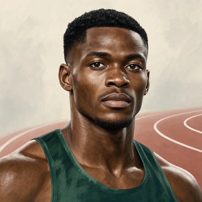 Illustrated head-and-shoulders portrait of Nigerian 400-metre sprinter Samuel Ogazi with subtle track-and-field cues.