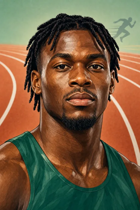 Illustrated head-and-shoulders portrait of Nigerian sprinter Udodi Chudi Onwuzurike with subtle athletics cues.