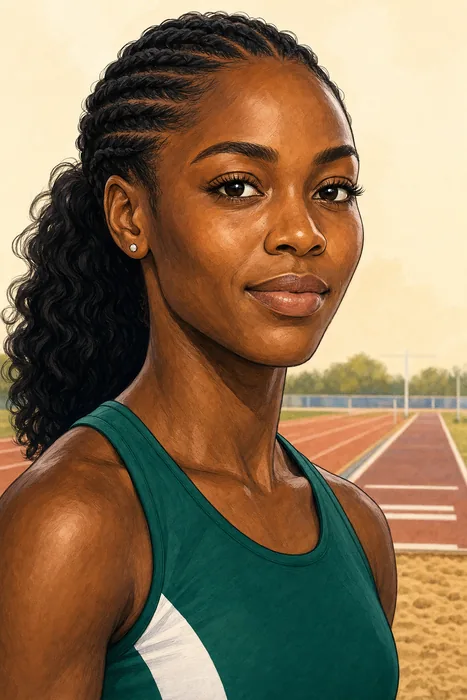 Illustrated head-and-shoulders portrait of Nigerian long jumper Prestina Oluchi Ochonogor, with a subtle athletics track and long-jump sandpit cue in the background.