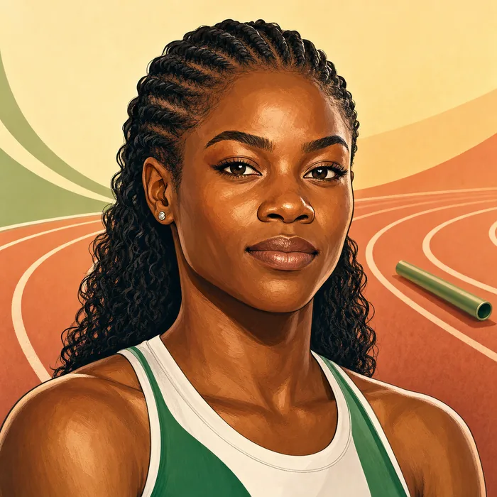 Illustrated head-and-shoulders portrait of Nigerian sprinter Rosemary Chukwuma with subtle track-and-field cues.