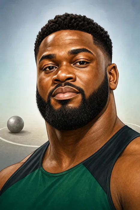 Illustrated head-and-shoulders portrait of Nigerian shot put athlete Chukwuebuka Cornnell Enekwechi, with a subtle shot put cue.