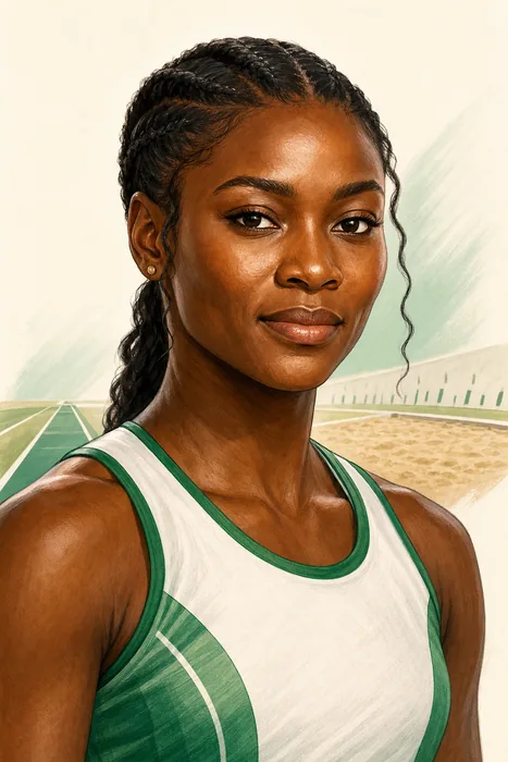 Illustrated head-and-shoulders portrait of Ese Brume with understated long-jump and athletics cues.