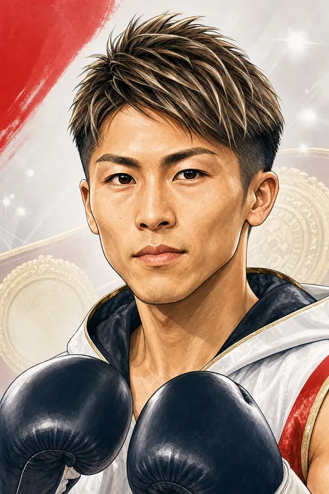 Illustrated head-and-shoulders portrait of Naoya Inoue in boxing attire, with championship-belt-inspired details in the background.