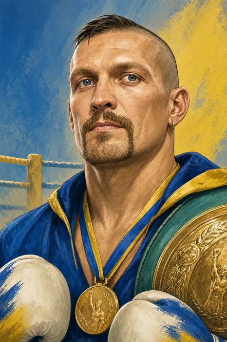 Illustrated head-and-shoulders caricature of Oleksandr Usyk in boxing attire, with subtle championship and Ukrainian civic-color cues.