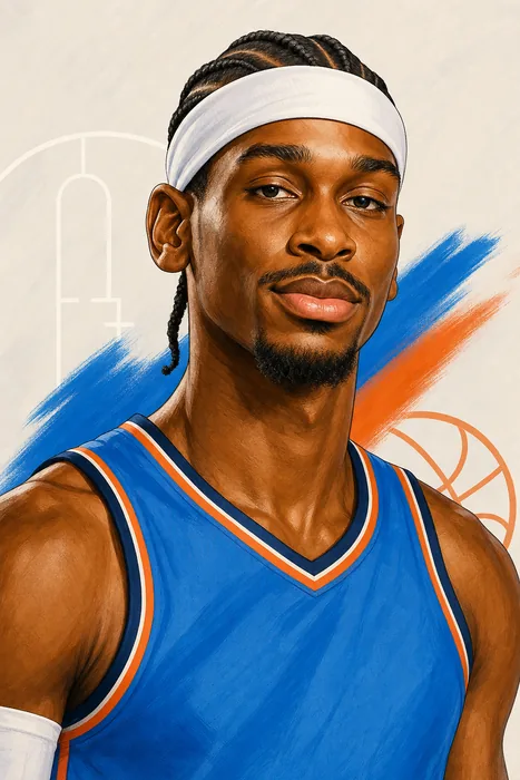 Illustrated head-and-shoulders portrait of basketball player Shai Gilgeous-Alexander in Oklahoma City Thunder colors, with a subtle basketball cue.