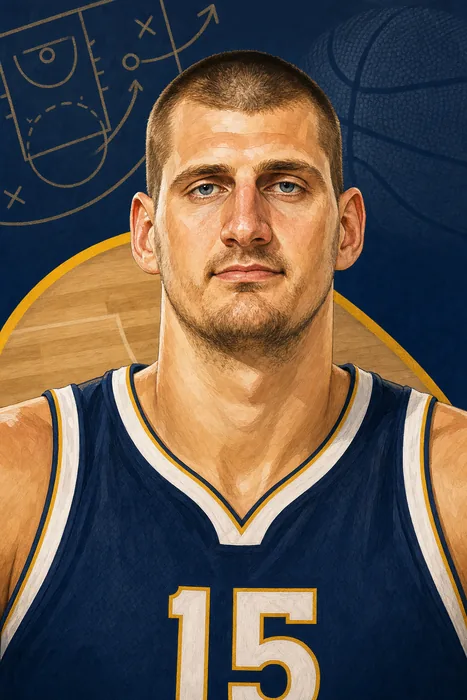 Illustrated head-and-shoulders portrait of Nikola Jokić in a Denver Nuggets basketball jersey, with a subtle basketball-court backdrop.
