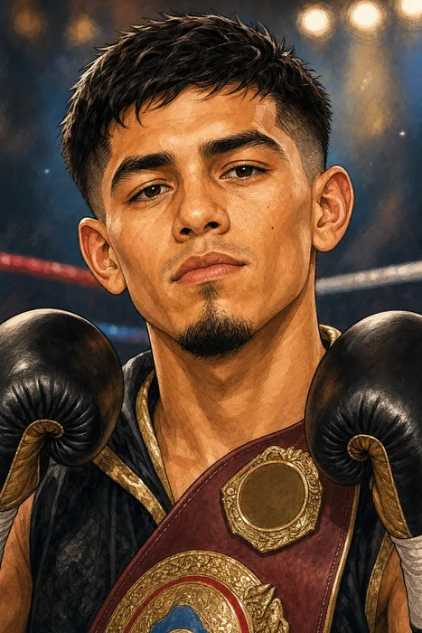 Illustrated head-and-shoulders portrait of boxer Jesse "Bam" Rodriguez in boxing attire, with subtle championship cues.