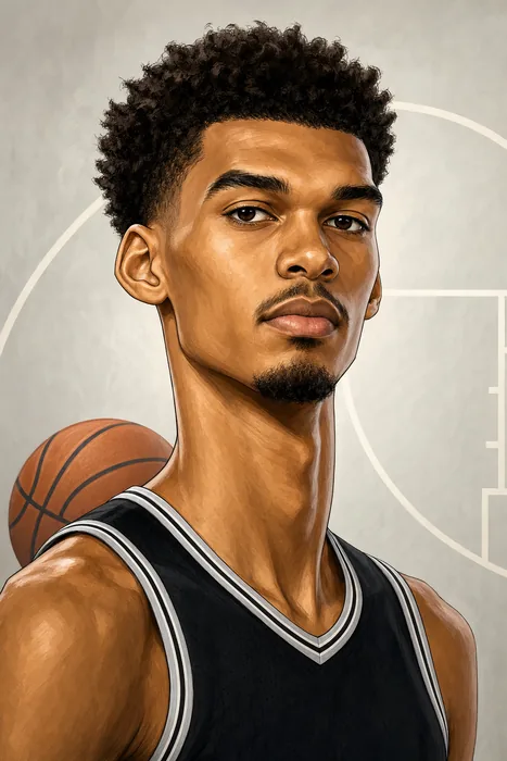 Illustrated head-and-shoulders portrait of Victor Wembanyama in a San Antonio Spurs basketball jersey, with a subtle basketball-court background.