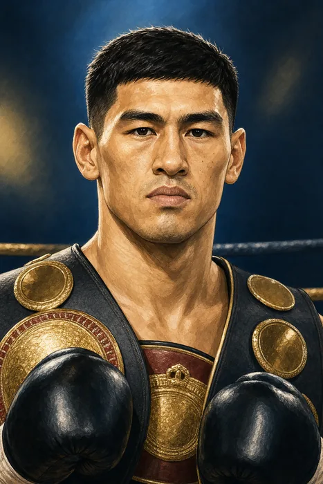 Illustrated head-and-shoulders portrait of Dmitry Bivol in boxing attire, with understated championship and ring cues.