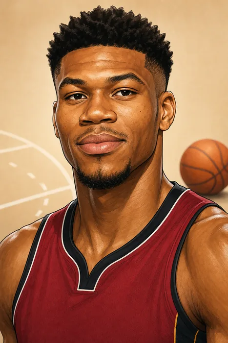 Illustrated head-and-shoulders portrait of basketball player Giannis Antetokounmpo in a Miami Heat-inspired jersey, with subtle basketball imagery.