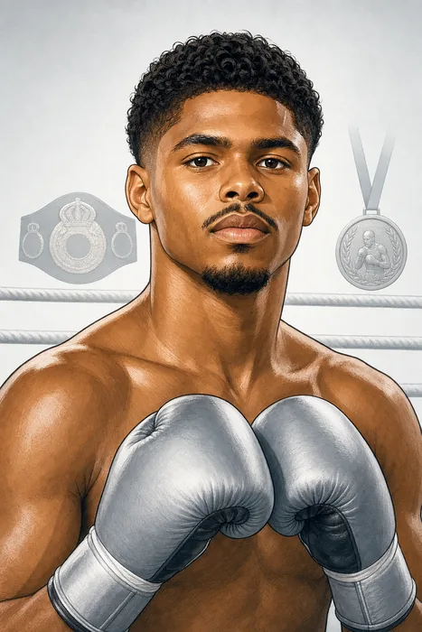 Illustrated head-and-shoulders portrait of professional boxer Shakur Stevenson wearing boxing gloves, with subtle championship and Olympic boxing cues.