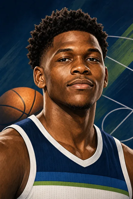 Illustrated head-and-shoulders portrait of basketball player Anthony Edwards in a Minnesota Timberwolves-style jersey, with a subtle basketball backdrop.