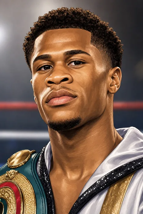 Illustrated head-and-shoulders portrait of professional boxer Devin Haney with understated championship boxing cues.