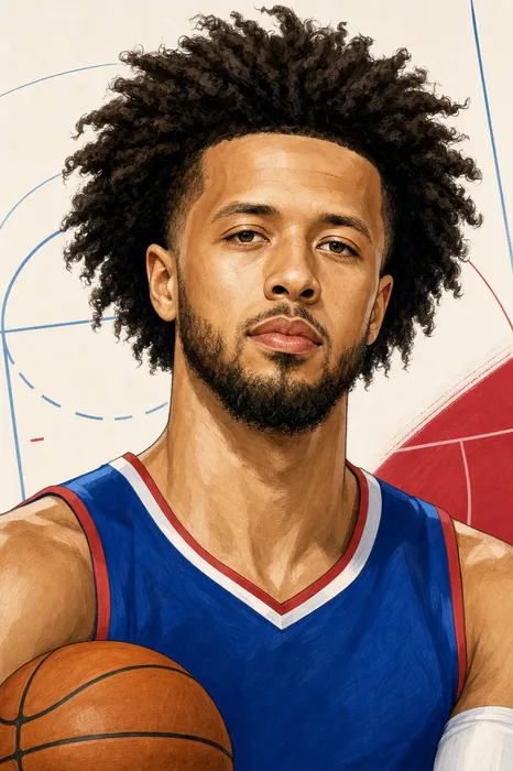 Illustrated head-and-shoulders portrait of Cade Cunningham in a Detroit basketball uniform, with a subtle basketball backdrop.