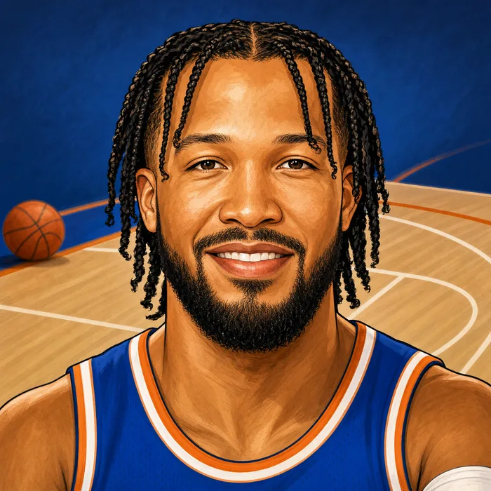Illustrated head-and-shoulders caricature of basketball player Jalen Brunson in a New York Knicks-style uniform, with a basketball-themed background.