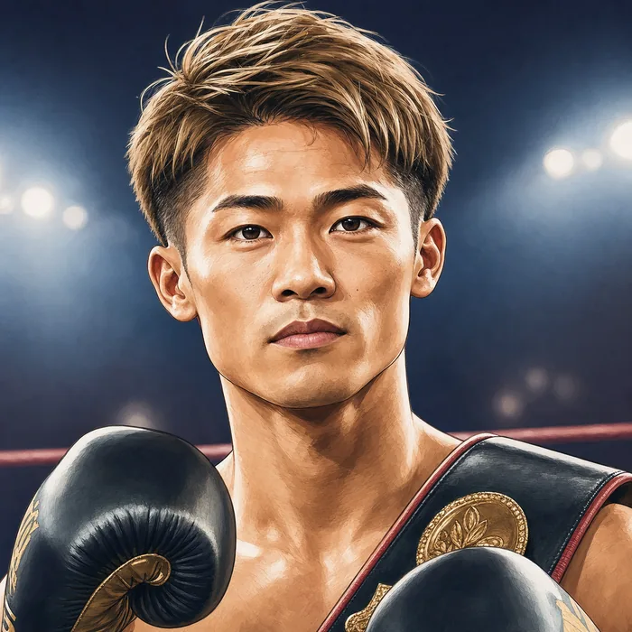 Editorial illustrated head-and-shoulders portrait of Japanese boxer Junto Nakatani wearing boxing gloves, with subtle championship boxing cues.