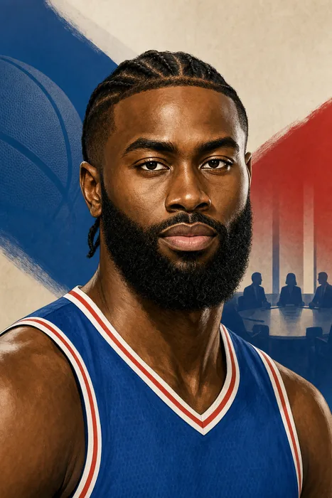 Editorial illustrated head-and-shoulders portrait of Jaylen Brown in a Philadelphia basketball jersey, with a subtle basketball and player-representation motif.