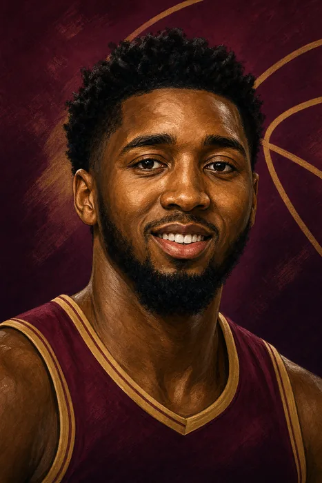 Illustrated head-and-shoulders portrait of basketball guard Donovan Mitchell with subtle Cleveland basketball cues.