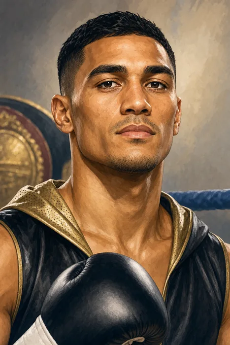 Illustrated head-and-shoulders portrait of Jai Opetaia in boxing attire, with understated championship and ring cues.