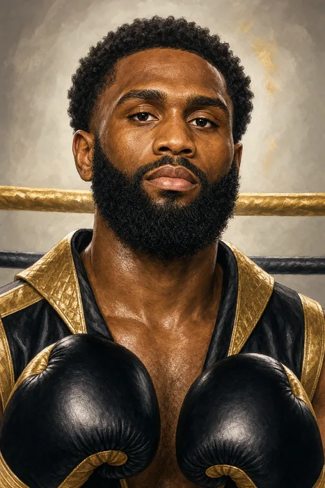 Illustrated head-and-shoulders portrait of boxer Jaron “Boots” Ennis wearing boxing gloves, with understated championship boxing cues.