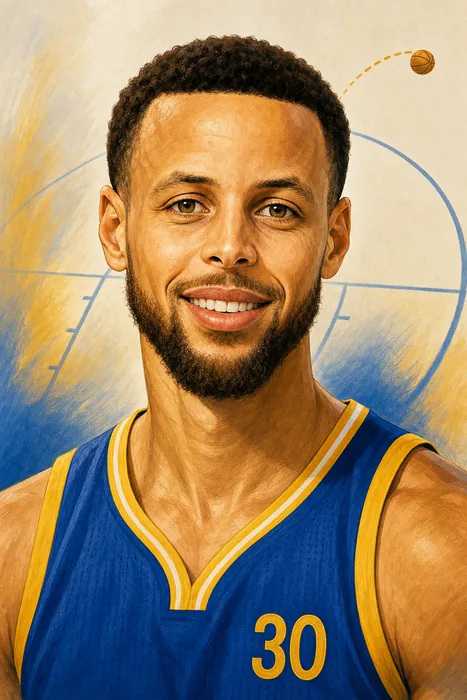 Illustrated head-and-shoulders caricature of Stephen Curry in a blue-and-gold basketball jersey, with a subtle three-point shooting cue behind him.