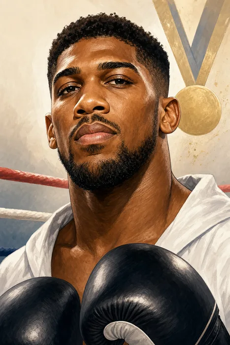 Illustrated head-and-shoulders portrait of Anthony Joshua in boxing attire, with subtle championship and Olympic-inspired cues.