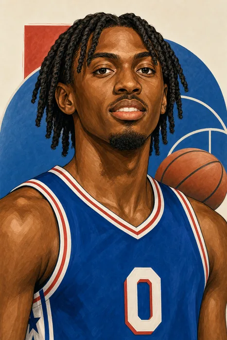 Illustrated head-and-shoulders portrait of Tyrese Maxey in a Philadelphia 76ers basketball jersey, with a subtle basketball-themed background.